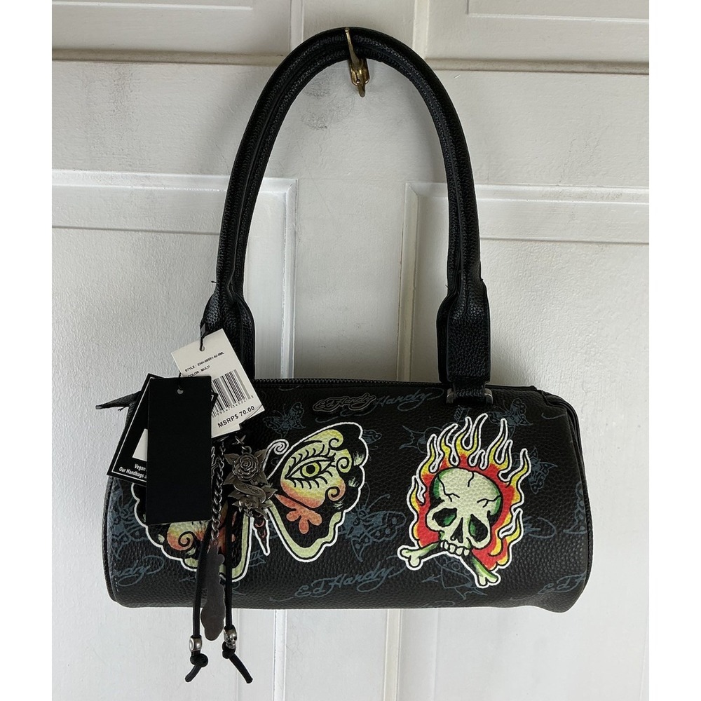 Ed Hardy Skull & Butterfly Black Barrel Handbag Shoulder Bag Tattoo - NWT